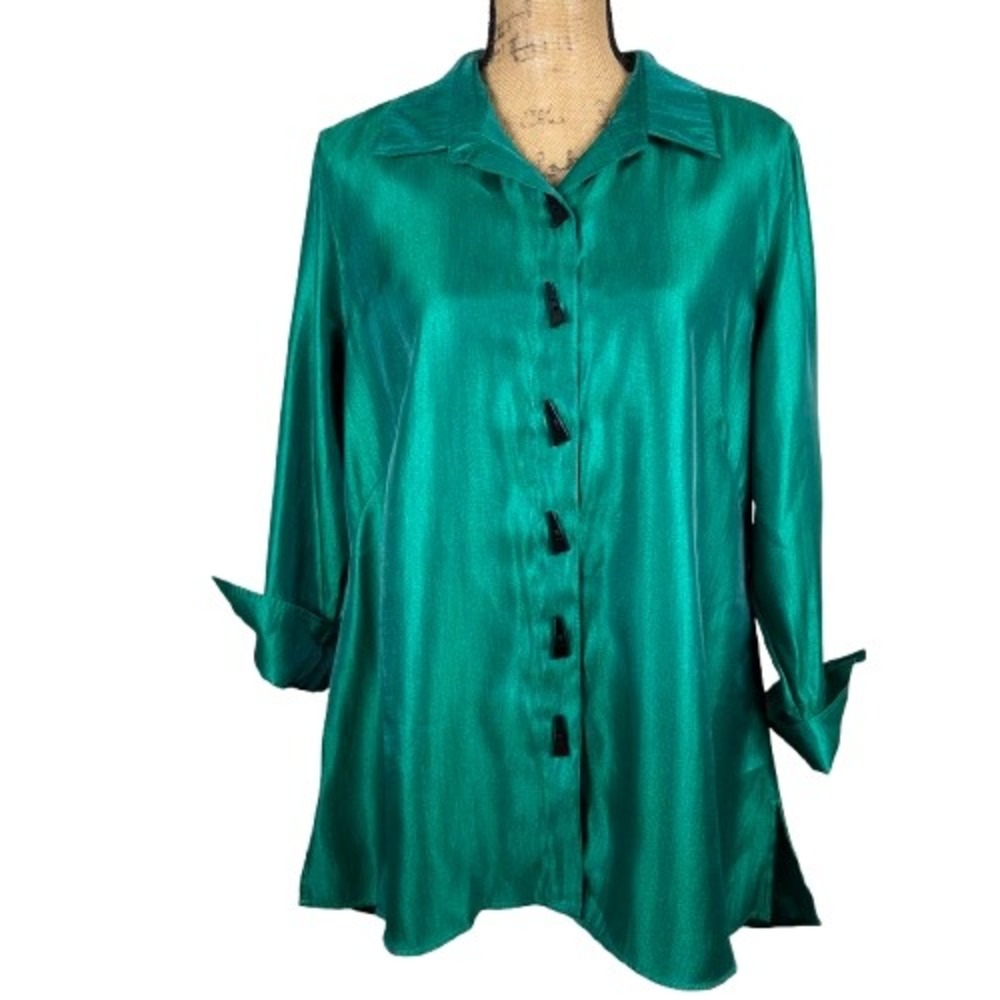 Multiples Button Front Tunic Shirt Shimmer Emerald Green Cuff Sleeve Size Large